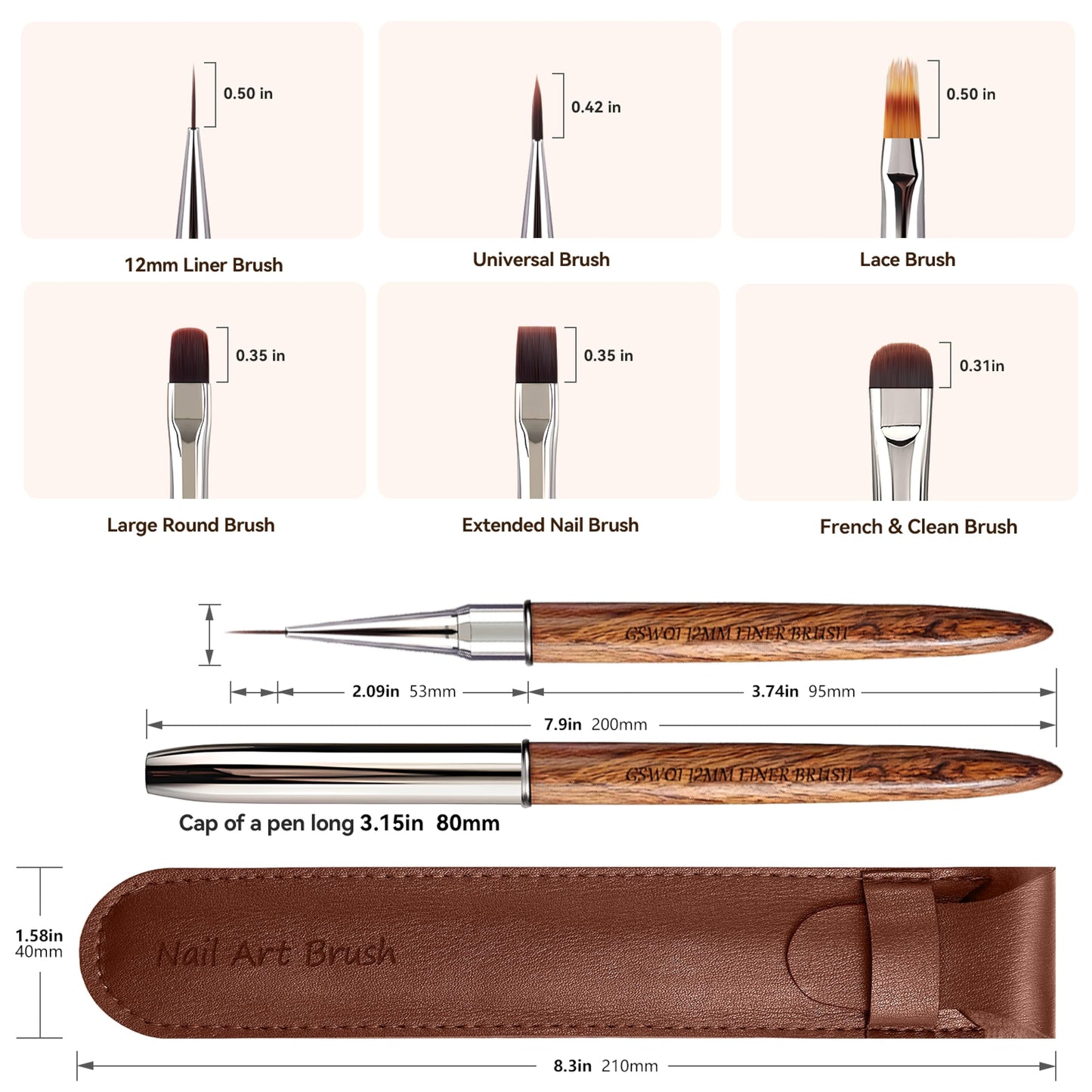 Liner Nail Brush 12MM with Wooden Handle & Storage Pouch