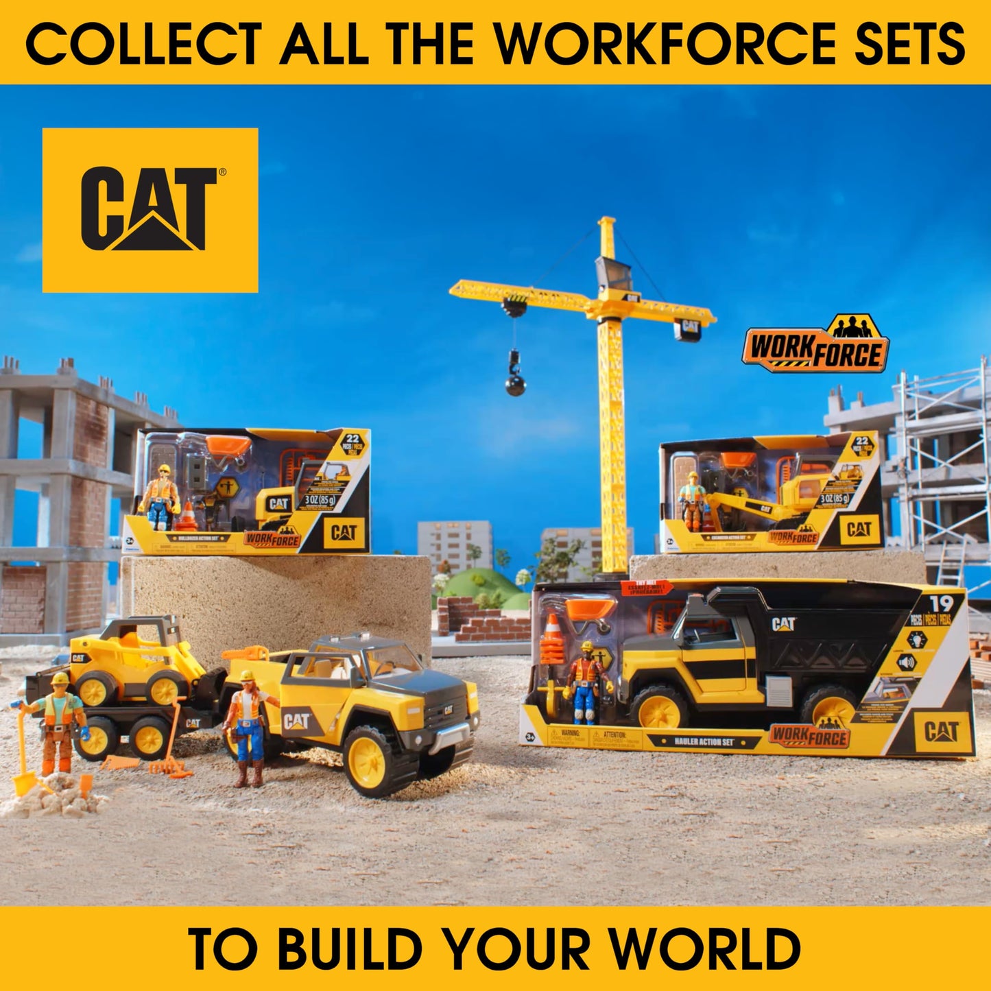 Cat Workforce Excavator Action Set, 23-Piece Kids Construction Toy Playset with 4-Inch Figure, Non-Drying Dirt Compound, Molds, Signs, Tools & Accessories, Ages 3+