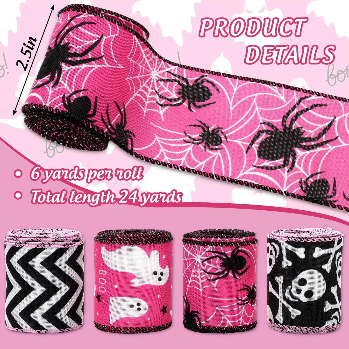 JarThenaAMCS Halloween Wired Edge Ribbons Ghost Skull Fabric Ribbons Pink Black Wrapping Ribbons for DIY Crafts Wreath Bow Making Supplies, 4 Rolls, 24 Yard