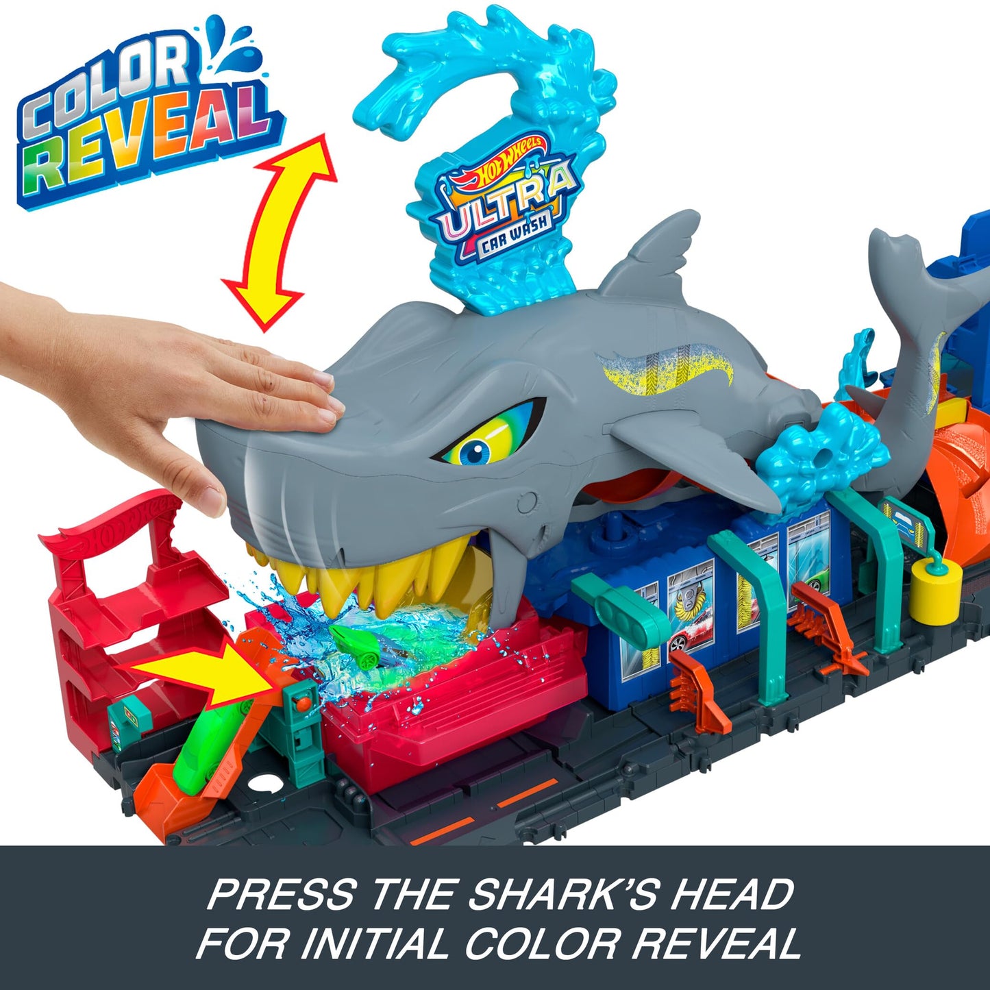 Hot Wheels City Track Set, Ultra Shark Car Wash with 1:64 Scale Color Reveal Toy Vehicle, Repeat Color-Change Feature, Storage