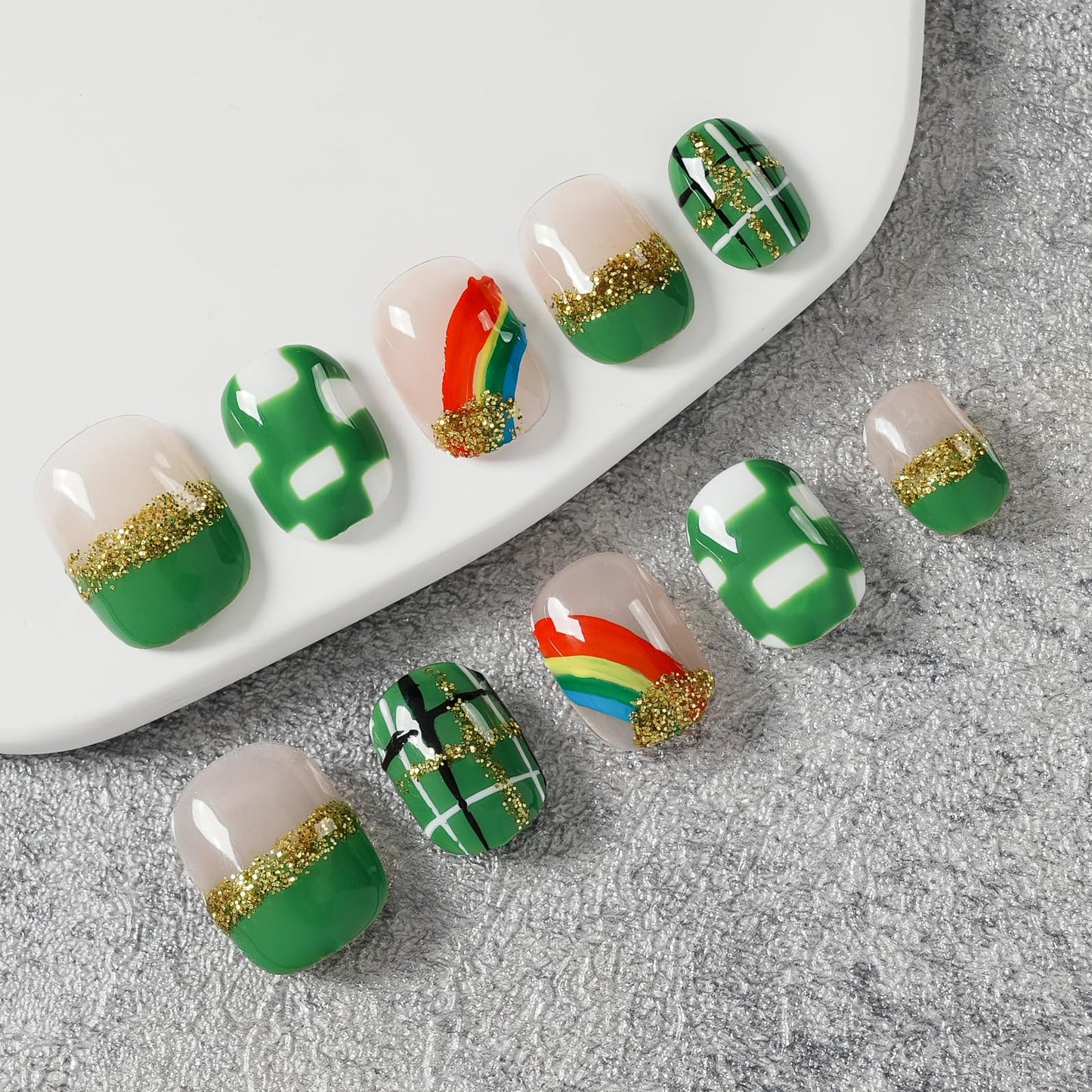 Tesytto Extra Short Press On Nails - Nude Base with Green French Tips & Gold Glitter, Hand-Painted Plaid & Rainbow,Easy to Apply & Remove (Size L)