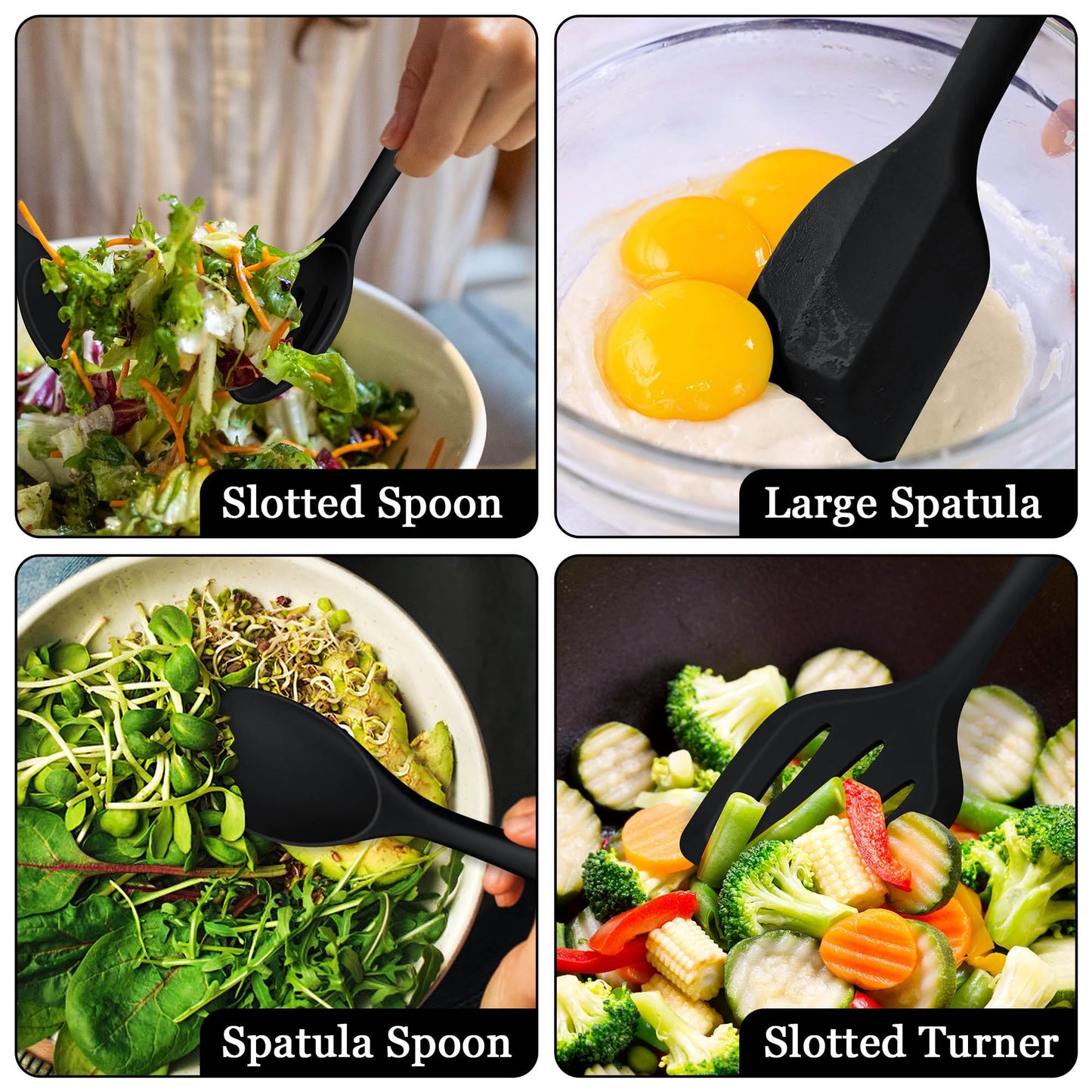 LIANYU 8Pcs Cooking Utensils Set, Heat Resistant Kitchen Utensils, Silicone Utensils Spatula Set for Nonstick Cookware with Spatula, Ladle, Turner, Spoon, Dishwasher Safe, Black
