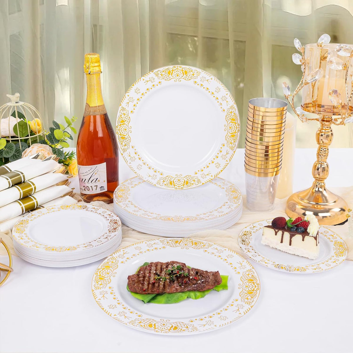 GATHER 350PCS White and Gold Plastic Plates - Gold Disposable Dinnerware Set Include 50 Dinner Plates, 50 Dessert Plates, 150 Gold Plastic Silverware, 50 Napkins, 50 Cups for Wedding & Thanksgiving