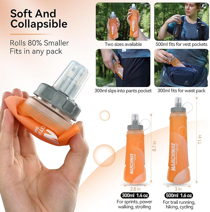 MARCHWAY Soft Hydration Flask with Wide Mouth, 300ml/500ml Collapsible TPU Water Bottle, Leakproof Portable Flexible for Running, Hiking, Cycling, Climbing, Gym, Travel (2pcs Orange 300ml)