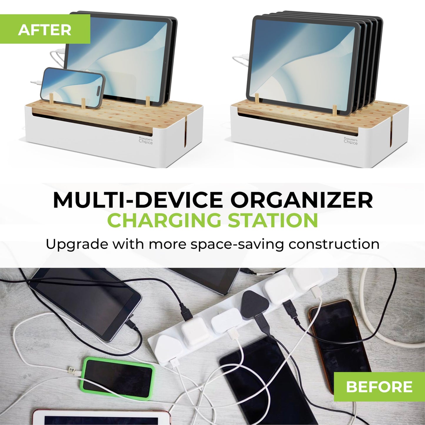 Prosumers Choice Bamboo Charging Station for Multiple Devices - Wooden Charger Organizer with Removable Dividers for Phones, Tablets, and Laptops - 11 Inch Cable Organizer Box - Space-Saving Desk Dock