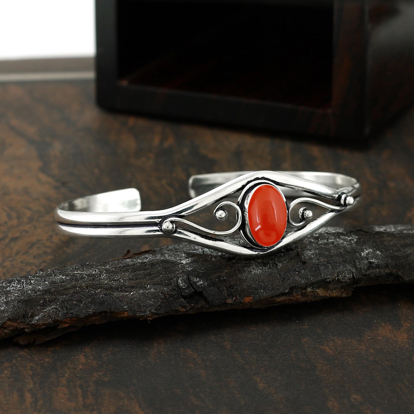 925 Silver Plated Natural Carnelian Cuff Bangle Bracelet for Women – Handmade Open Bangle – Orange Gemstone July Birthstone Statement Jewelry – Gift for Her