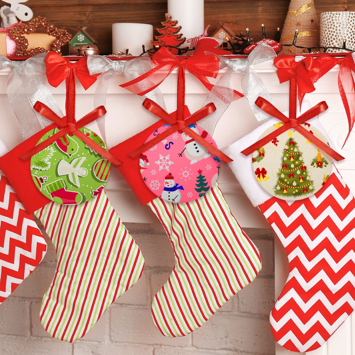 Patelai 15 Pieces Christmas Sublimation Ceramic Ornaments 3.15 Inch Round White Ceramic Christmas Ornaments DIY Blanks with Red Satin Ribbon Decoration