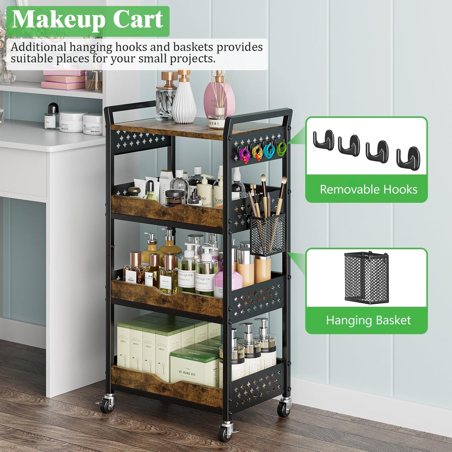 MJIMKE 4-Tier Utility Rolling Cart with Wheels - Kitchen Organizations and Storage Metal Cart, Detachable Fruits Coffee Snacks Art Craft Storage Cart for Bathroom, Pantry & Laundry, Black