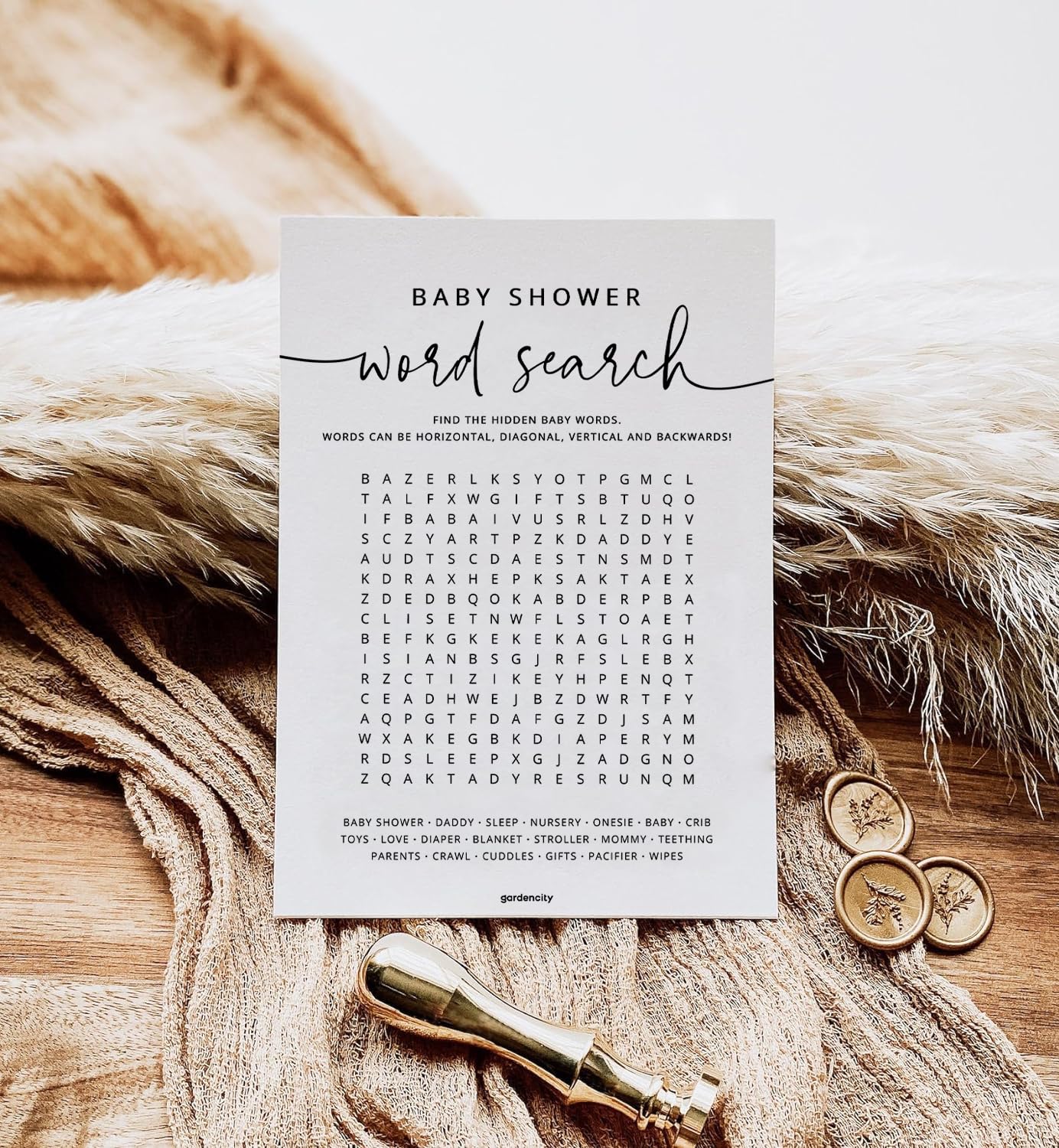 GardenCity 50 Baby Shower Word Search Game Cards, Fun Baby Shower Games for Boy or Girl, Gender Neutral - Minimalist