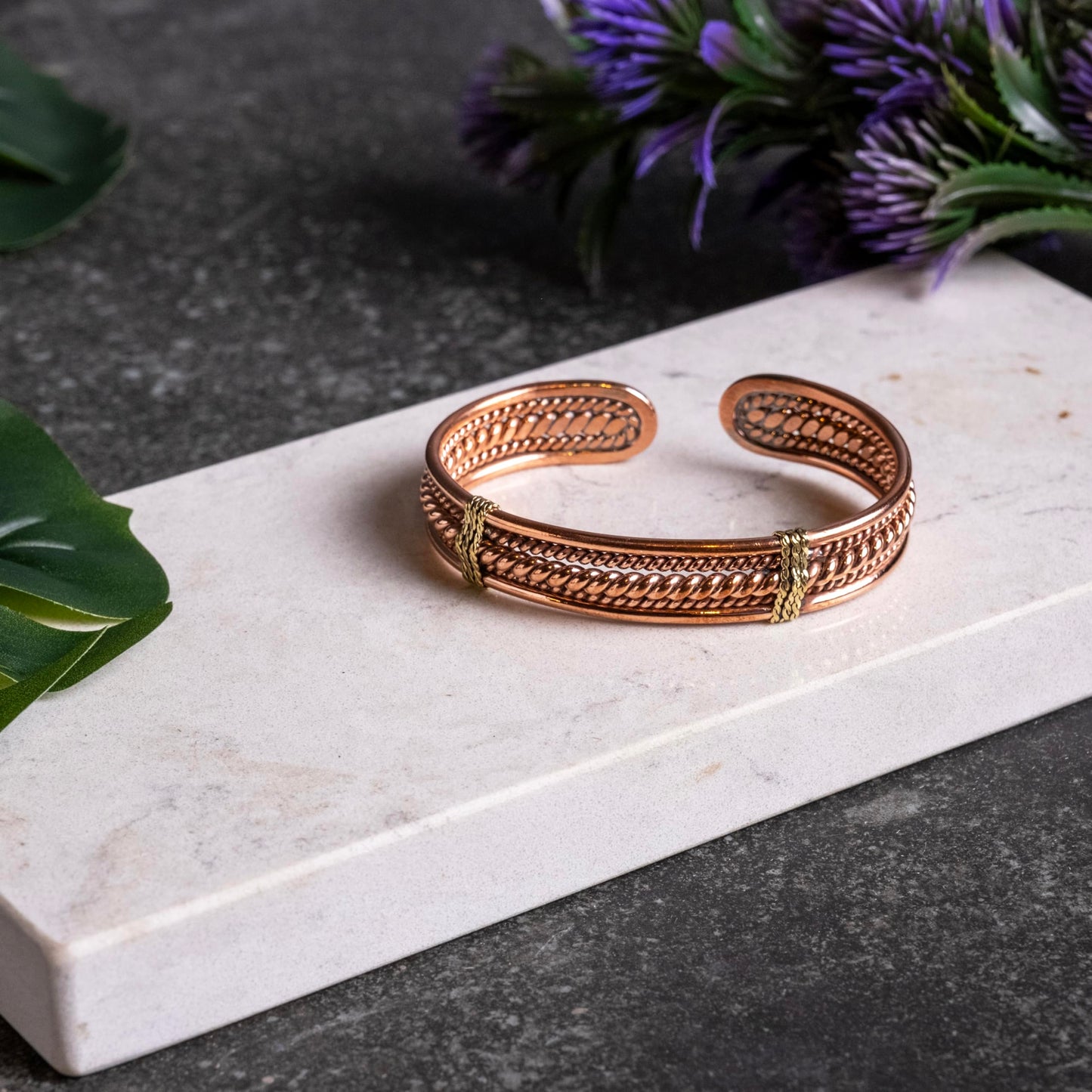 ALFIQ Handmade Copper Brass Cuff Bracelet for Men, Twisted Weave Pattern, Dark Copper (Copper Braid)
