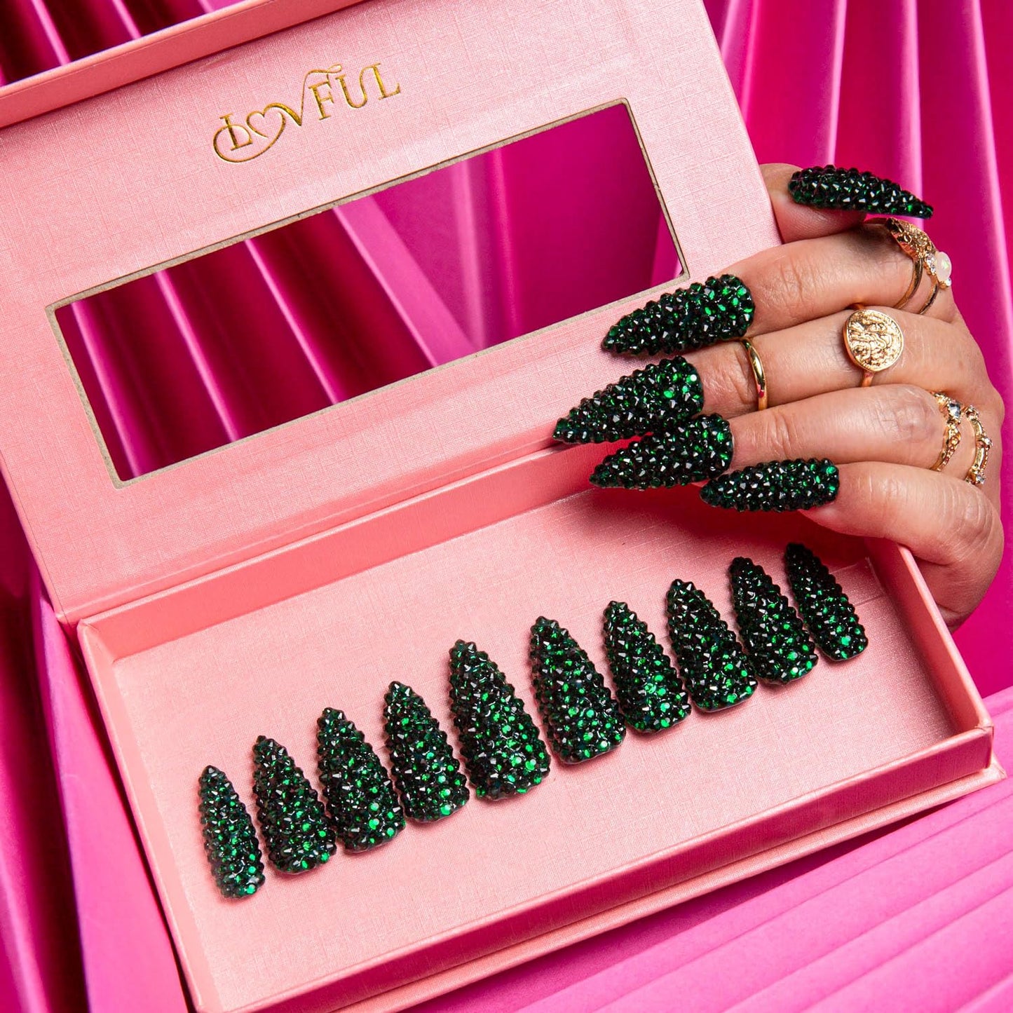 LOVFUL Press on Nails Classic Green Rhinestone | Handmade with Full Covered Crystals | Reusable Fake Nails | Stiletto Classic Regular 1.3 in | H147-S