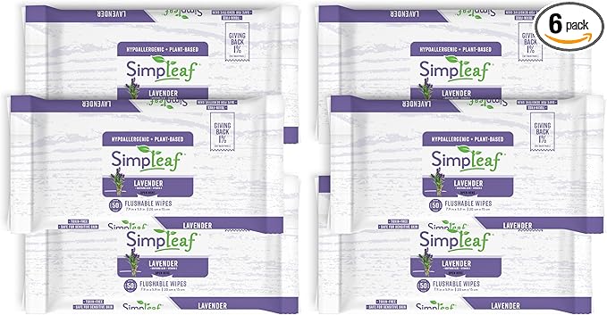 Simpleaf Flushable Wet Wipes Lavender | Plastic Free, Paraben & Alcohol Free | Hypoallergenic & Safe for Sensitive Skin | Soothing Aloe Formula | Adult Toilet Wipes (6 x 50 Counts Pack) 300 Counts