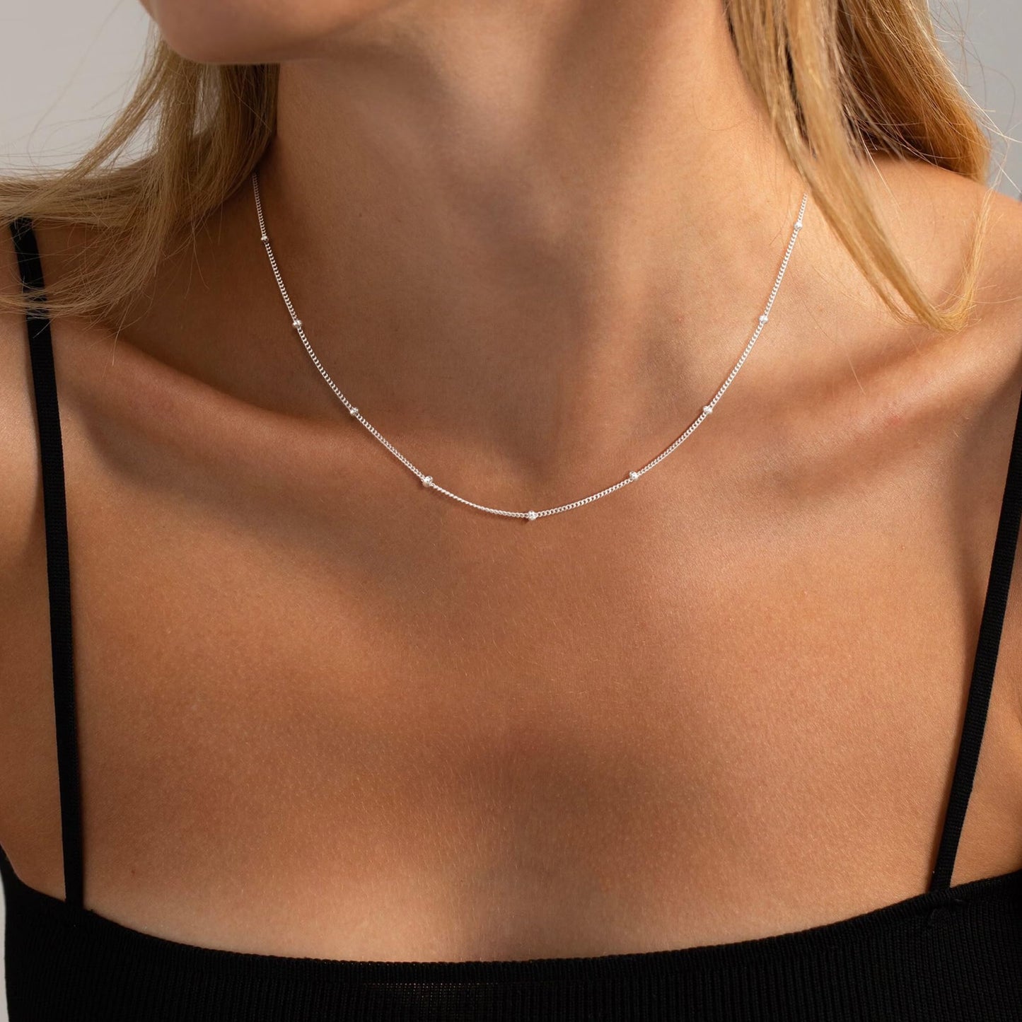 Freekiss 925 Sterling Silver Satellite Chain Necklace for Women Trendy 16+2 Inch Adjustable Dainty Layered Cuban Beaded Chain Choker Necklace Thin Simple Stackable Silver Jewelry Gift