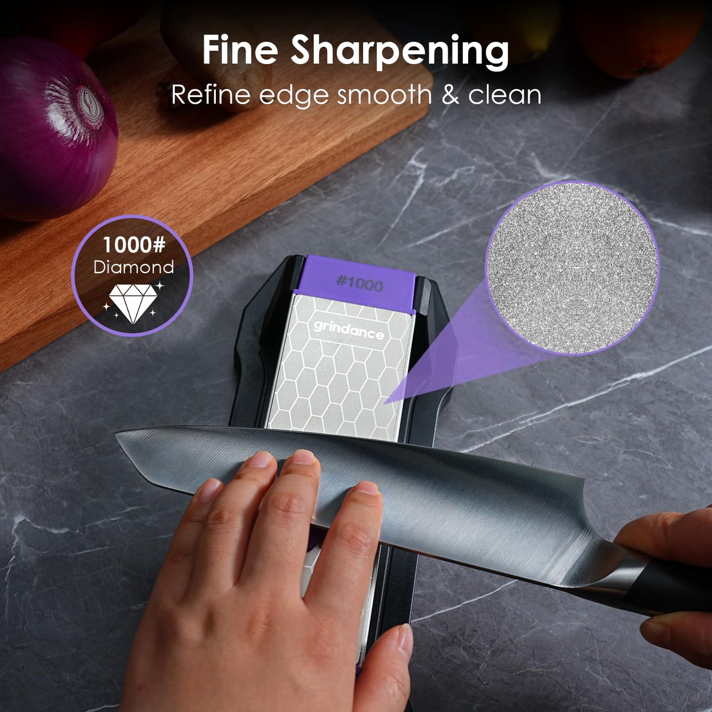 Grindance 3-Sided Diamond Sharpening Stone 400/1000/8000 Grit Whetstone with Angle Guide, Non-Slip Base, Leather Strop & Glove Premium Knife Sharpener for Kitchen, Hunting & Outdoor
