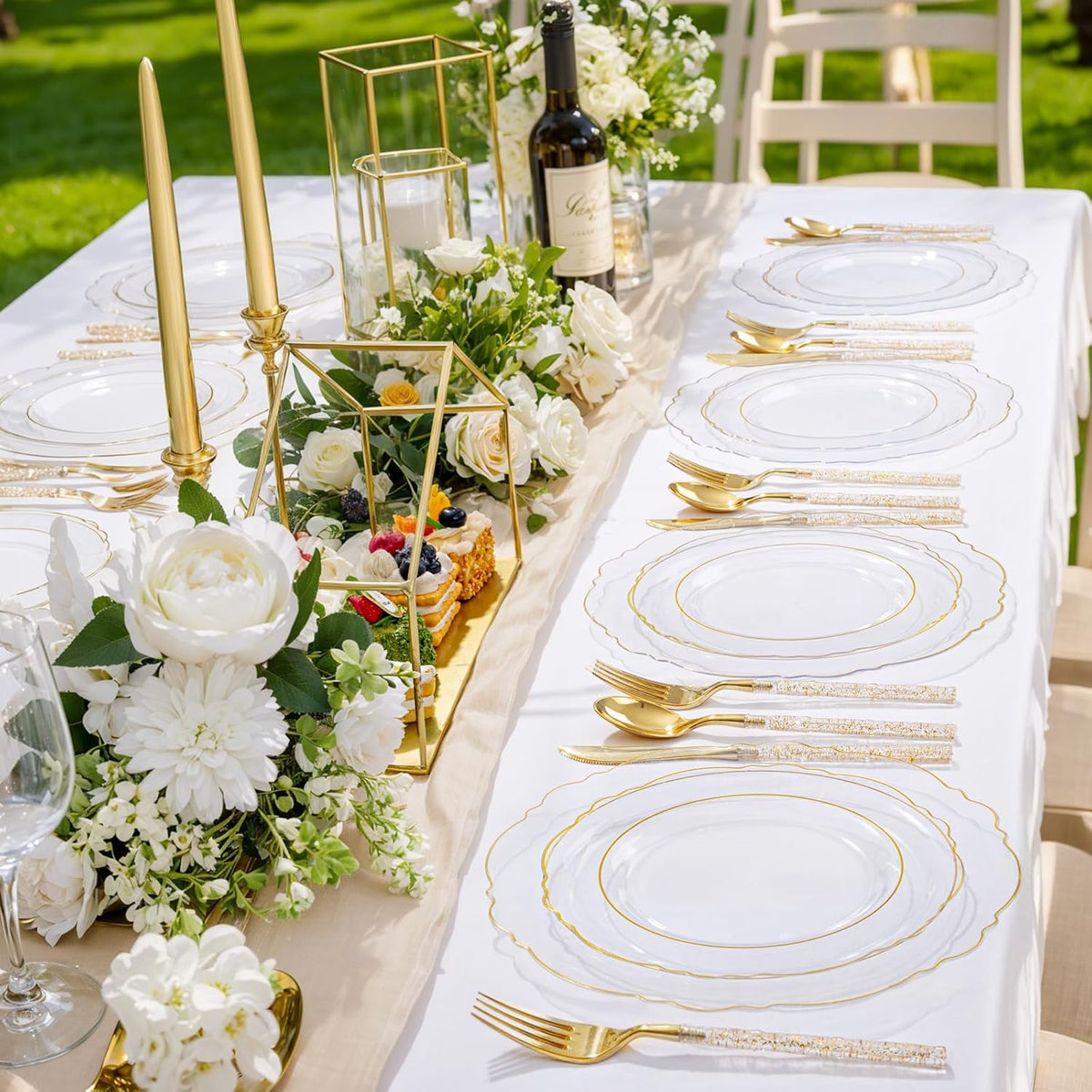 Liacere 150PCS Clear Gold Plastic Plates - Disposable Plastic Silverware with Glitter Bamboo Handle Cutlery-Baroque Clear Gold Disposable Plates for Wedding & Party & Thanksgiving &Fall Decor