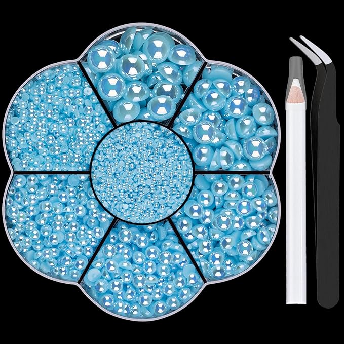 Nail Art Flat Back Half Round Pearl Kits 31, 1 Box of 6000 Pcs Flat-Back Light Blue AB Pearl with Tweezer and Picker Pencil for Home DIY Nails Body Face Craft and Salon Use