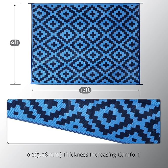 SAND MINE Reversible Mats, Plastic Straw Rug, Modern Area Rug, Large Floor Mat and Rug for Outdoors, RV, Patio, Backyard, Deck, Picnic, Beach, Trailer, Camping, Blue, 9' x 12'