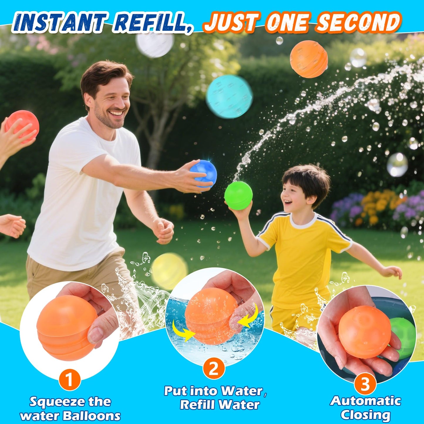 Reusable Water Balloons, 12 Pcs Self-Sealing Quick Fill Silicone Water Bombs, One-Hand Easy Fill Refillable Summer Pool Toys Easter Gifts for Kids & Adults, Splash Balls for Water Game