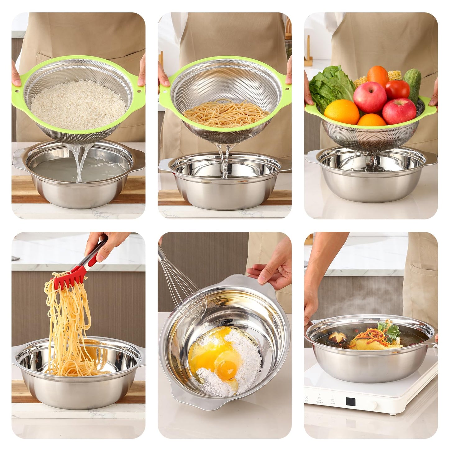 AHIABOAT Colander Stainless Steel Microporous, 2QT Rice Strainer with Mixing Bowl, Rice Washer Bowl Set with Handle, Food-Grade Strainers and Colanders for Kitchen, Pasta, Fruit, Dishwasher Safe