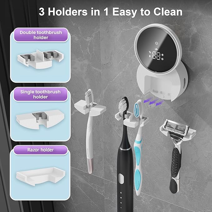 Toothbrush Holder and Cleaner Razor Holder and Dryer Auto Open/Close Cover Rechargeable Wall-Mounted Suitable for Most Toothbrushs(Off White)