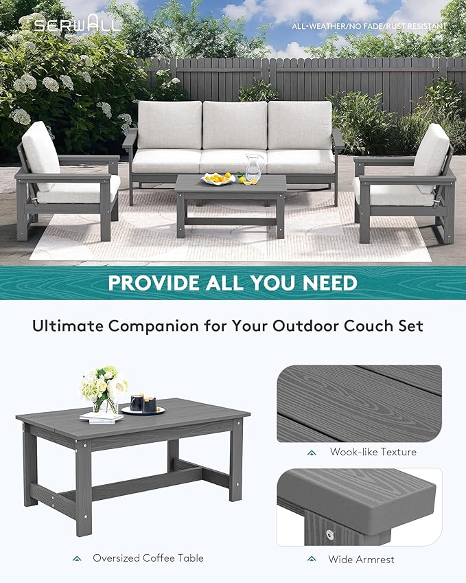 SERWALL HDPE Patio Conversation Set, 6-piece Sectional Outdoor Furniture Set, All Weather Outdoor Couch Set Patio Furniture Set for Deck, Lawn, Grey Frame with Khaki Cushion