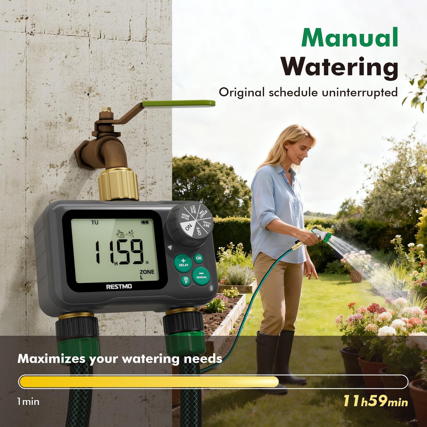 RESTMO Remote Control Brass Sprinkler Timer for Outdoor Hose Faucet 2 Zone, Max 11h59m Water Timer for Long Watering Soaker Hose, Misting with Large Dial, Rain Delay/Manual/Auto for Drip Irrigation