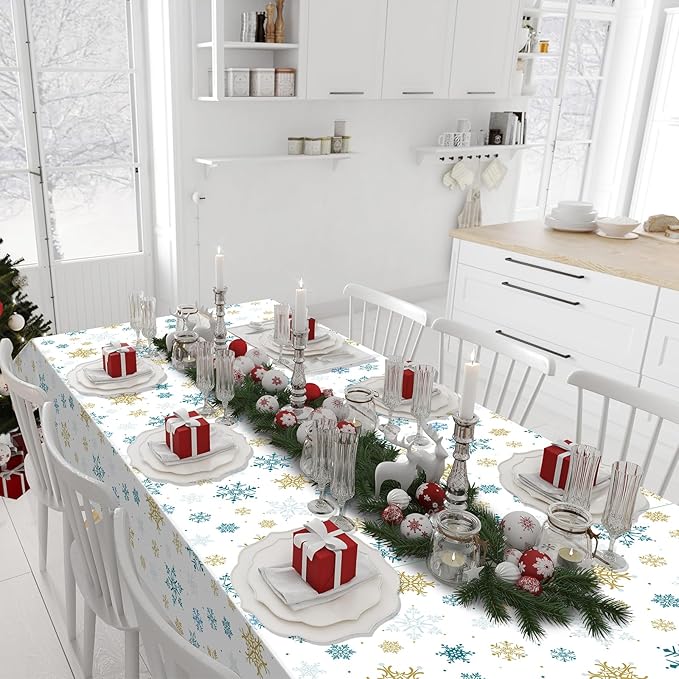 1Pcs Snowflake Plastic Tablecloth Christmas Snowflake Disposable Table Cloth White Blue and Gold Winter Wonderland Table Cover for Winter Holiday Christmas Birthday Party Decorations,54x108 Inch