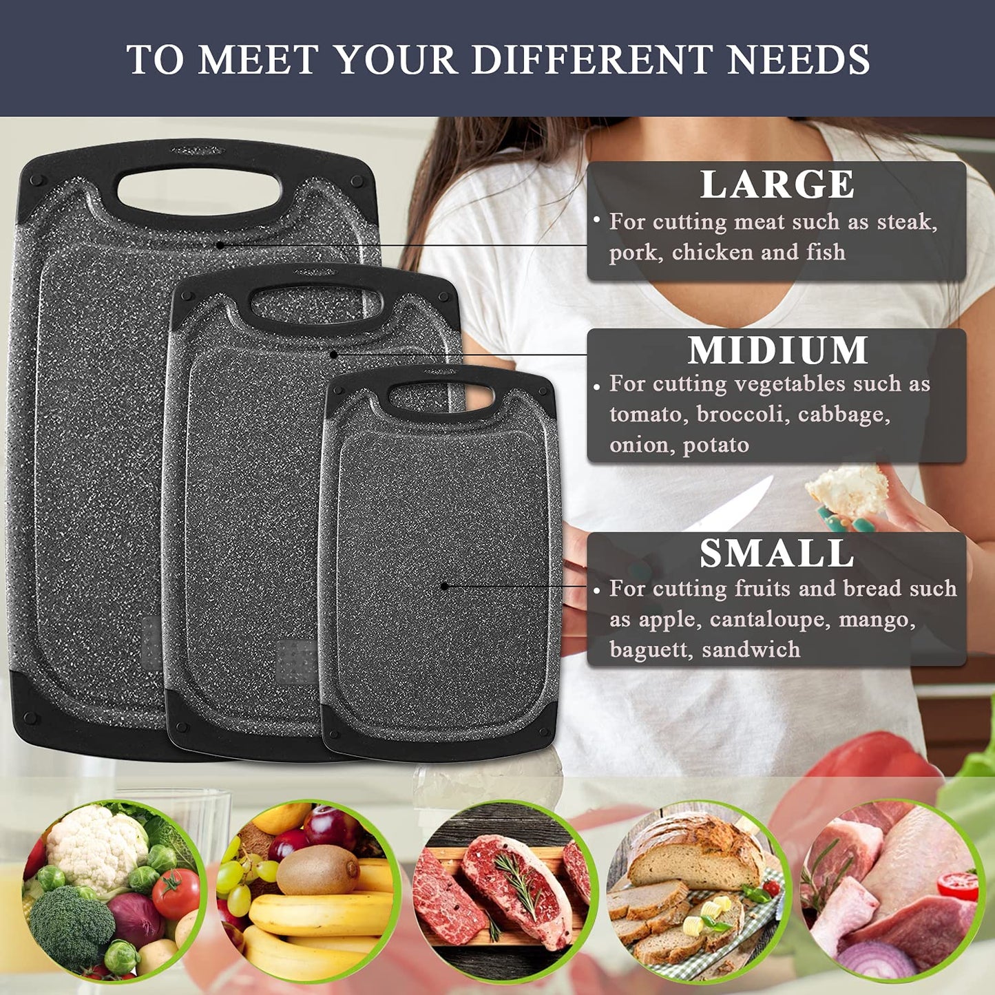 Viretang Plastic Cutting Boards Set of 3 Extra Large for Kitchen, Thick Chopping Board with Deep Juice Grooves, Non‑Slip Feet, Easy Grip Handle, BPA Free, Dishwasher Safe,Black