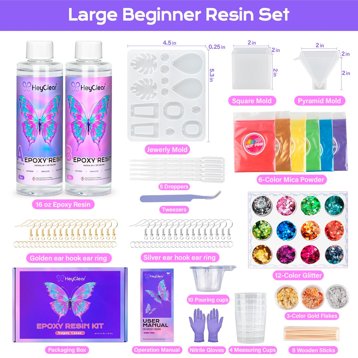 HeyClear 16 oz Epoxy Resin Kit with Molds for Beginners, Super Clear and Hard Resina Complete Craft Supplies Set for Starters Casting Arts Crafts for Adults, Jewelry Making, DIY Creation Gifts