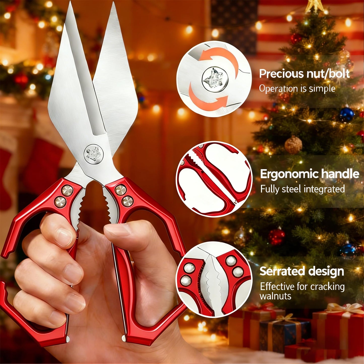 Multifunctional Heavy Duty Poultry Shears, Japanese High-Carbon Steel Kitchen Shears, Kitchen Scissors for Food,Stainless Steel Meat Scissors for Cutting Chicken, Turkey, Meat and Food Prep (Red)