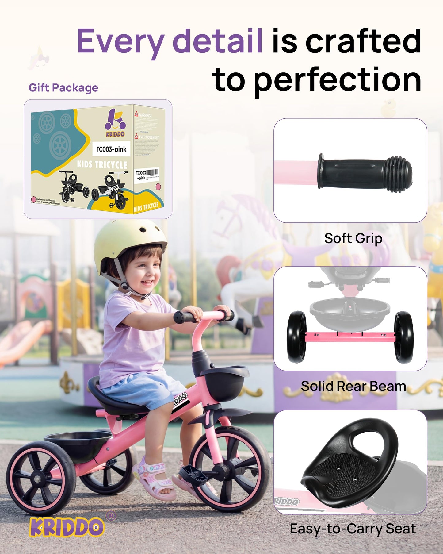 KRIDDO Tricycle for 2-5 Year Olds - Pink Toddler Trike With Gift for 24 Month to 4 Year Old Girls