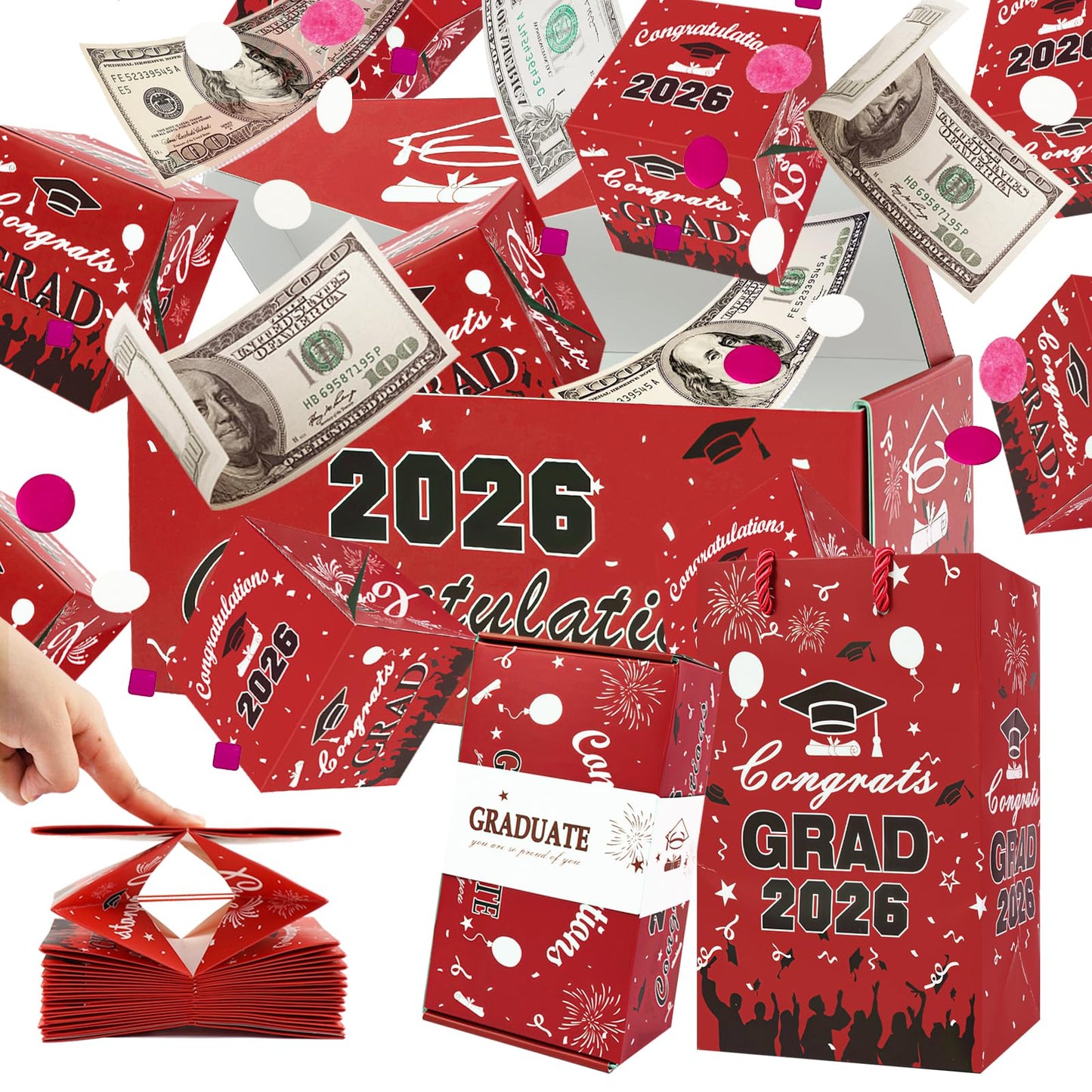 Surprise Gift Box Explosion for Money, Unique Folding Bouncing Red Envelope Gift Box with Confetti, Cash Explosion Luxury for Birthday Anniversary Valentine Proposal (15 Bounces) (Graduation - Red)