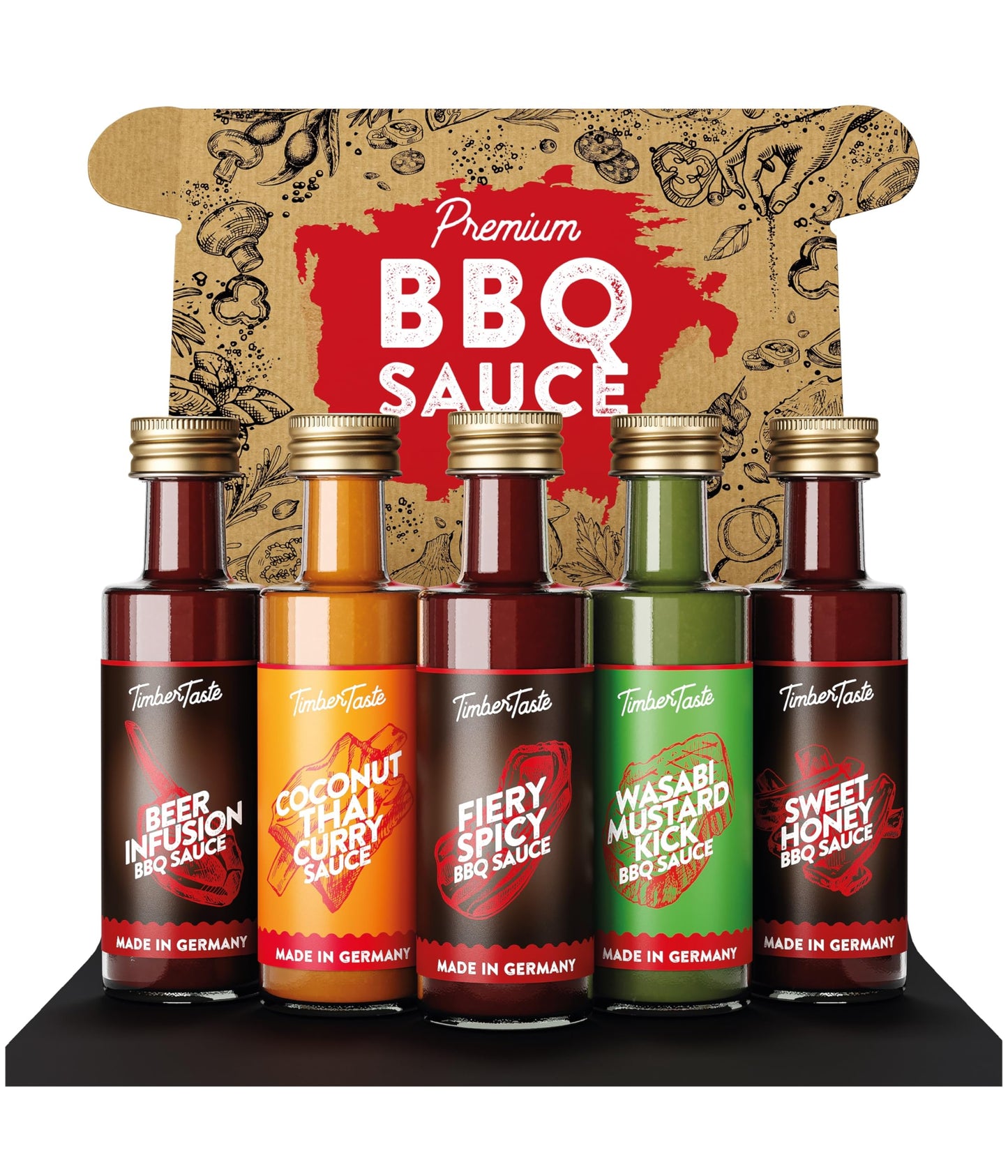 TIMBER TASTE® Exotic BBQ Sauce Gift Set for Men [5x40 ml] - BBQ Sauce Variety Pack with Barbeque Sauce Sampler Blends | Food Gift Sets | Hot Sauce Gift Sets Style Grill Picks for Dad Birthday