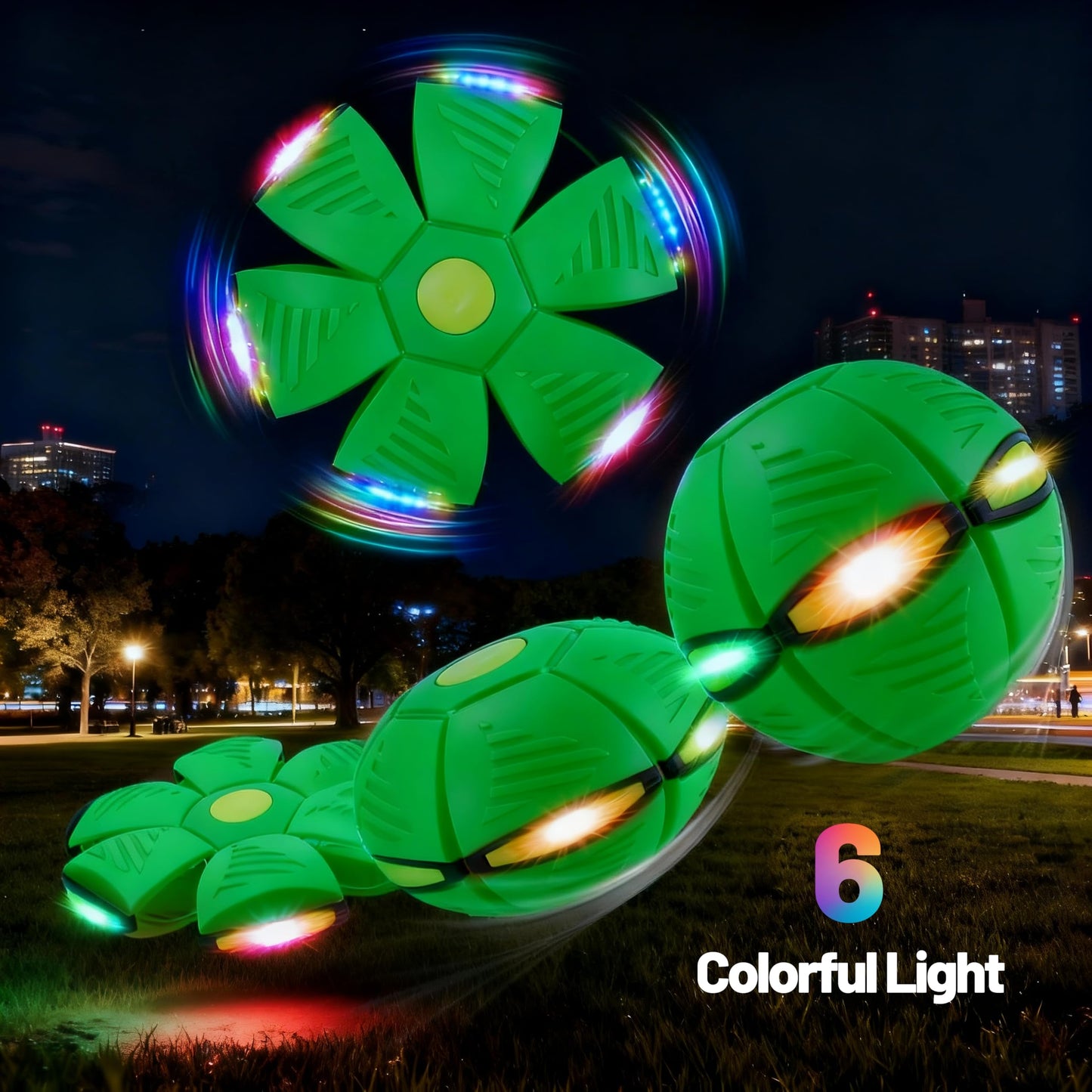 Magic Metaball, Children's Bouncing Ball, Magic Flying Saucer Interactive Pop-Up Transform Toy, Parent-Child Interaction Green Bouncy Ball, Collapsible Time Delay Frisbee Flying Disc Toy with 6 Light