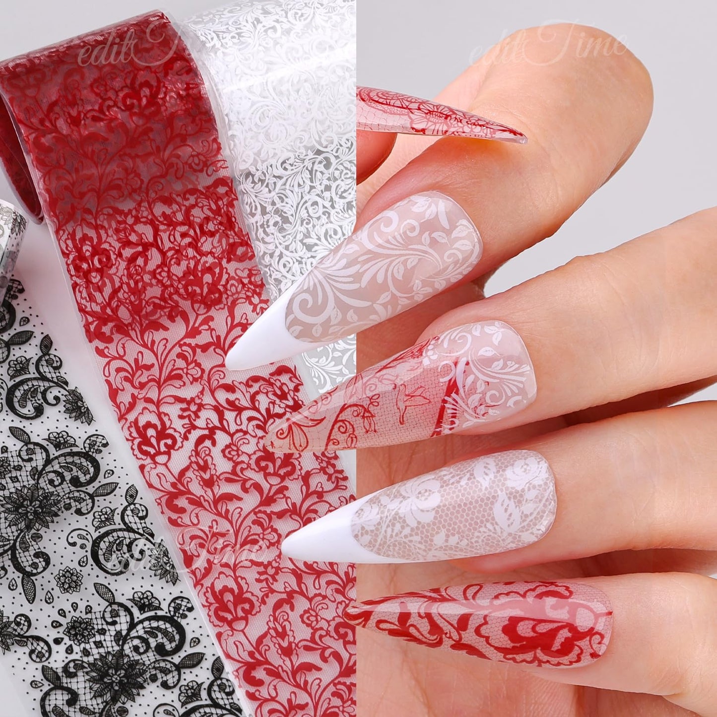 Lace Nail Foil Transfer Sheets, 10 Rolls Black White Red Flower Nail Art Transfer Foils Decals, Flower Nail Art Foils Decals Holographic Foils for Nails Manicure DIY (10 Rolls Red+Black+White)