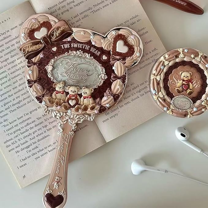 Flower Knows The Sweetie Bear Hand Mirror,Vintage Portable Handheld Mirror,Fancy & Pretty Princess Mirror with Long Handle,Gift for Girls(Carmal Brown)