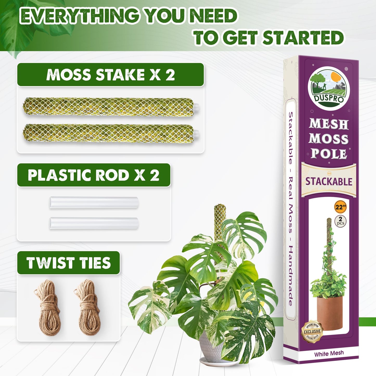 DUSPRO 2 Pack 22" White Stackable Mesh Moss Pole for Plants – Extendable Up to 39", Natural Forest Moss Pole Monstera Plant Support, Moss Stick for Climbing Plants, Indoor Plant Stakes Accessories