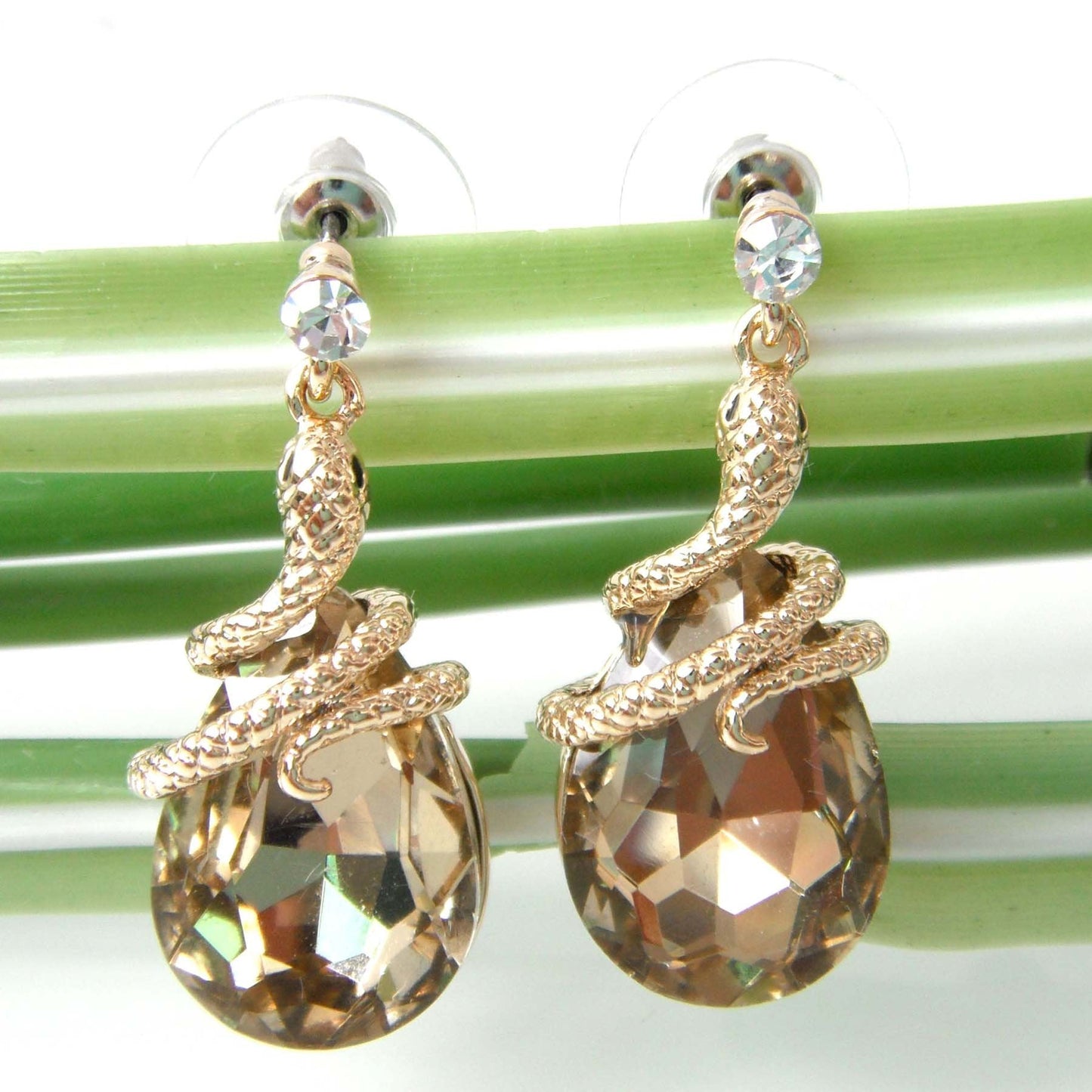 Navachi 18k Gold Plated Crystal Brown Zircon Snake Drop Dangle Earrings