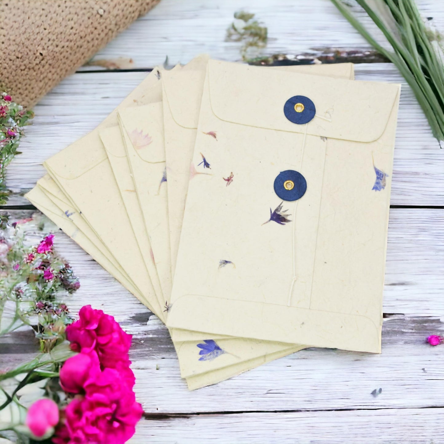 Kathmandu Valley Co. Handmade Lokta Paper Envelope with String-tie Button Closure Pocket Folder Documents Sleeve, for Invitations, Mailers, 4.5 x 6.5 inches, 10 Pack. Made in Nepal. (Cornflower)