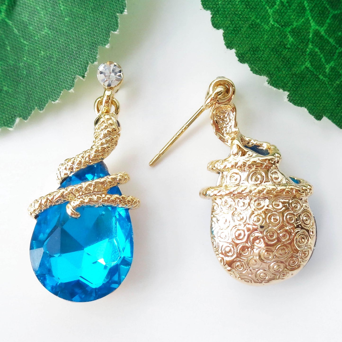 Navachi 18k Gold Plated Crystal Lake Blue Zircon Snake Drop Dangle Earrings