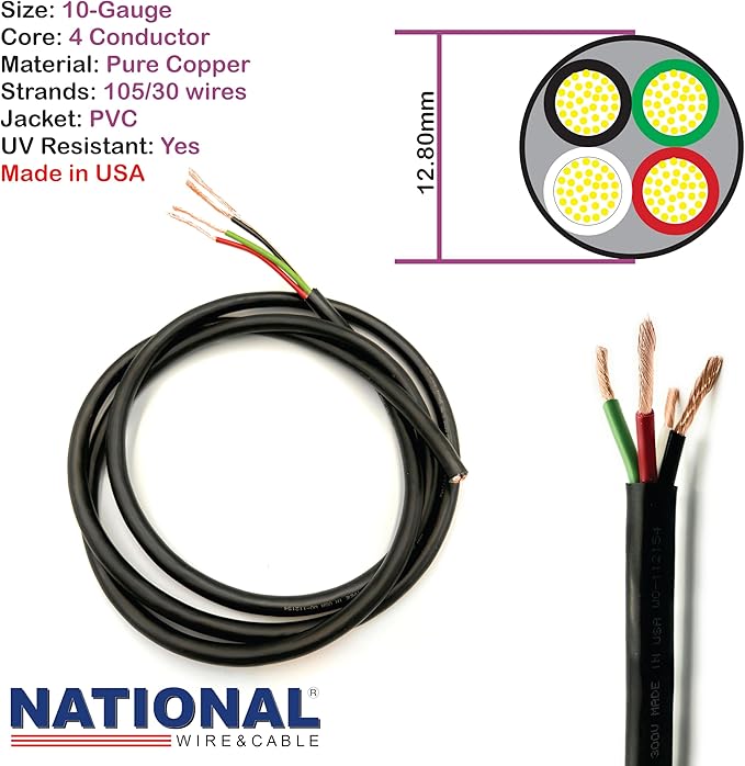 NATIONAL Wire & Cable – 10 AWG 4-Conductor Premium Copper Wire, 50 ft, Stranded | Made in USA, Heavy-Duty Flexible Jacket | Automotive, Solar, Battery, Indoor and Outdoor Use