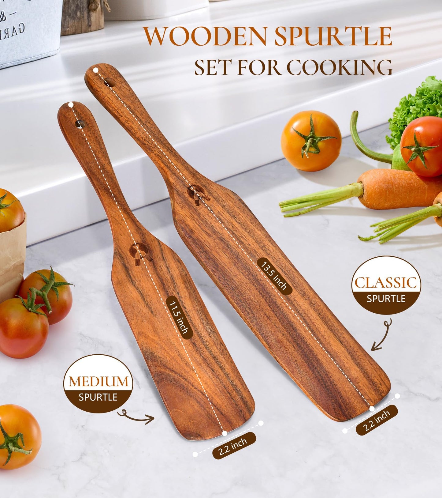 2Pcs Spurtles Kitchen Tools Wooden, Wooden Spurtle Spatula Set for Sourdough Starter, Natural from High Moist Resistance Teak, Kitchen Utensils for NonStick Cookware