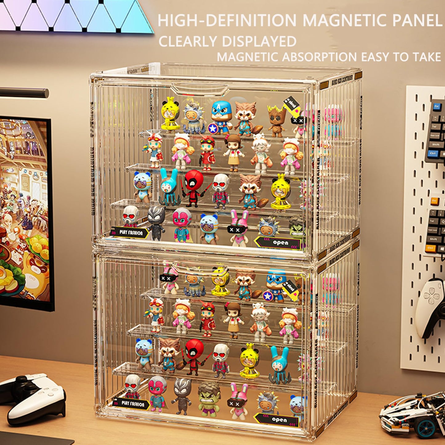 4-Tier Acrylic Display Case for Pop Mart & Blind Box Toys with Double Magnetic Door with Stackable，Dustproof Acrylic and Space-Saving Display Case ,Tool-Free Assembly (White, XL-2Pack-4Tier)