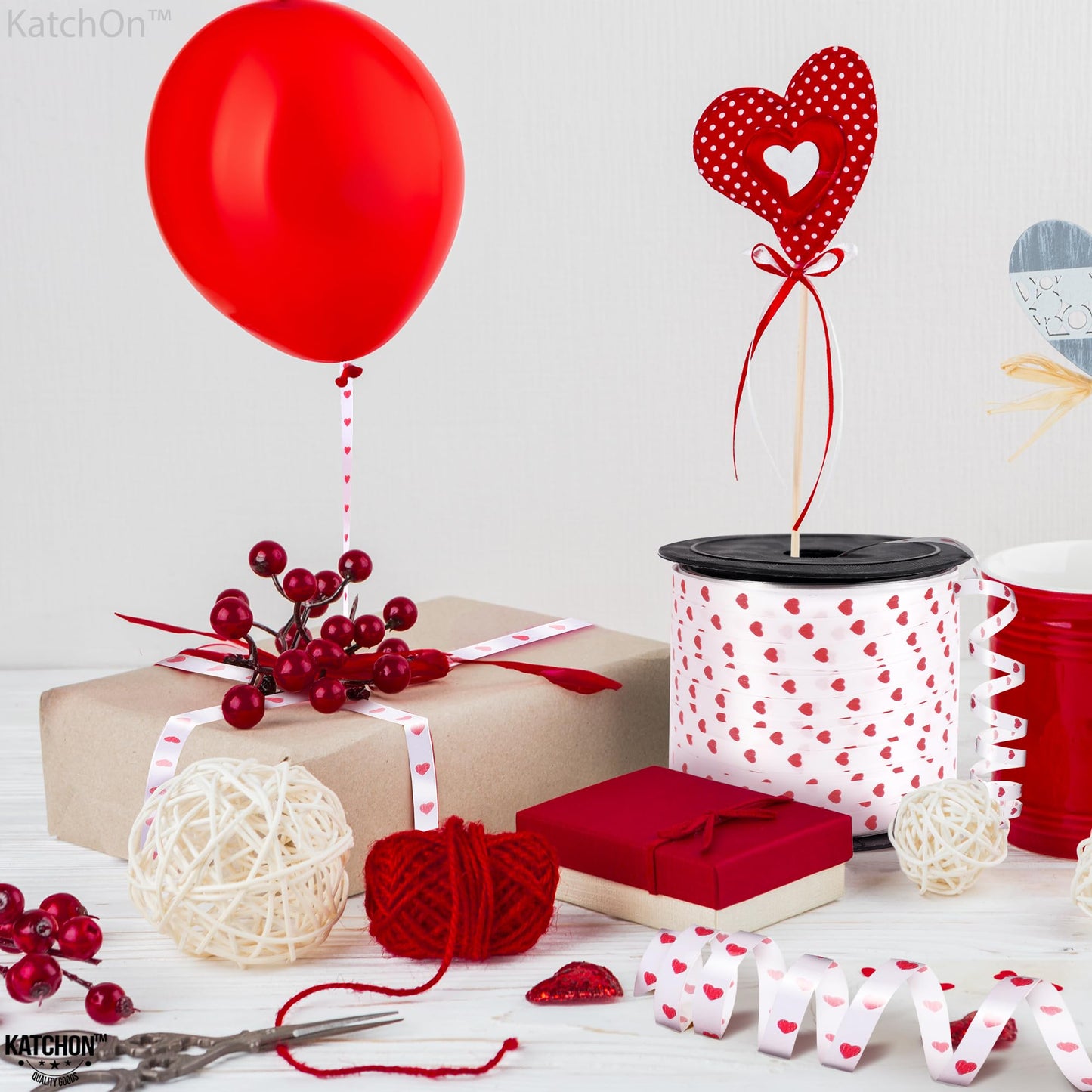 KatchOn, Red Heart Ribbon for Crafts - 100 Yards | Red Heart Curling Ribbon for Valentines Day Decorations | Valentines Ribbon | Bridal Shower Decorations, Happy Anniversary Decorations