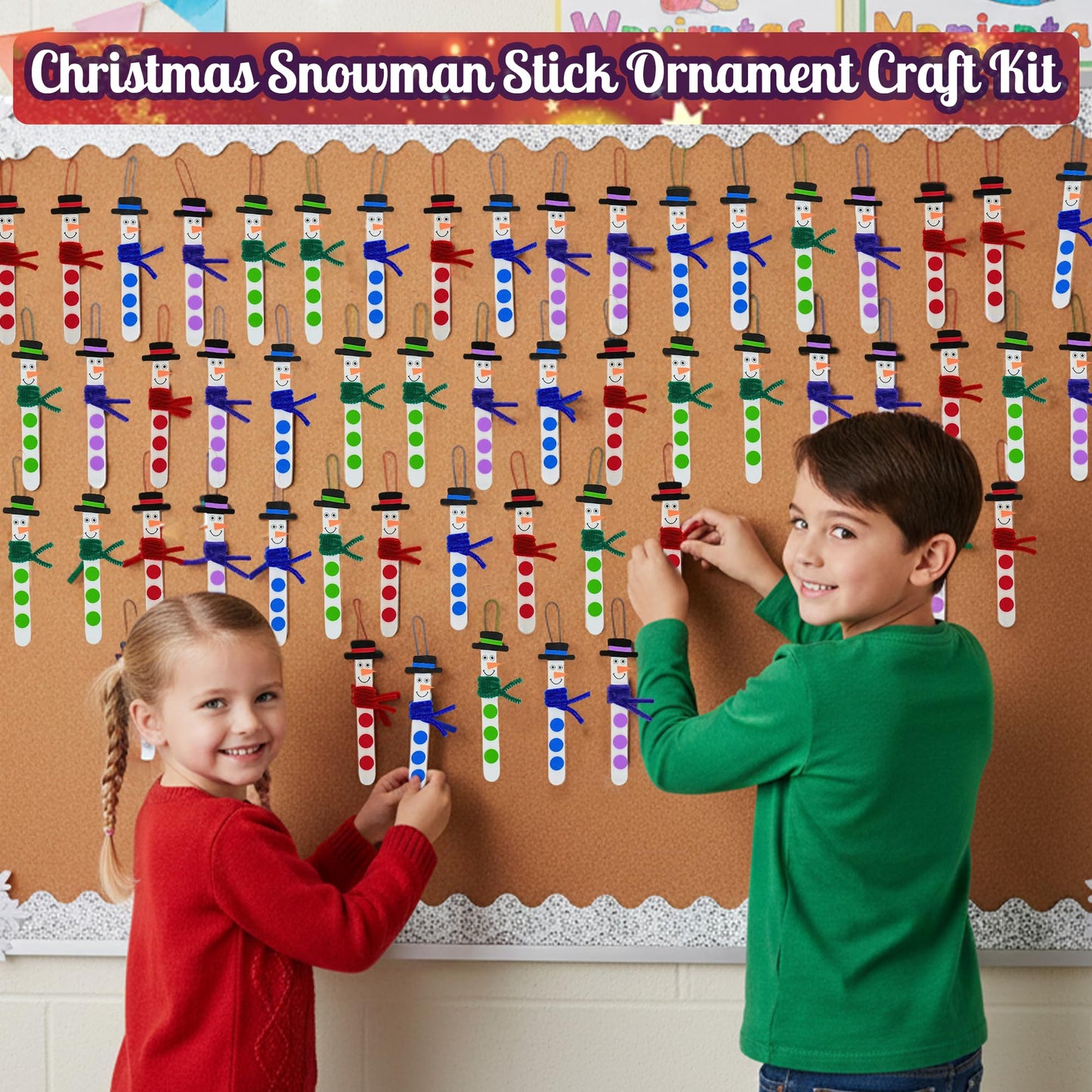 4E's Novelty Christmas Snowman Stick Ornament Craft Kit (12 Pack) Bulk Christmas Crafts for Kids Toddlers 3-4 4-8 DIY Winter Arts and Craft Kit Activity Project
