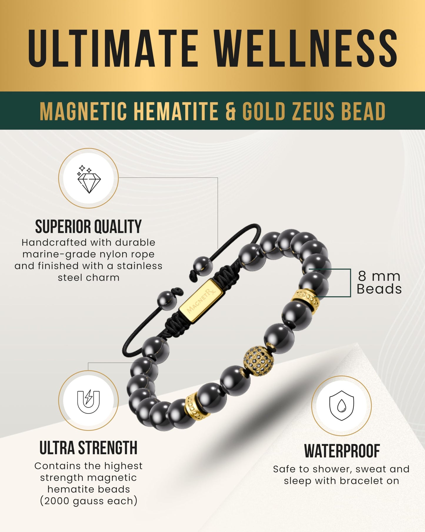 MagnetRX® Magnetic Hematite Bracelet - Max Strength Magnet Stones - Magnetic Beaded Bracelets for Men and Women (Gold Zeus 8mm Bead)