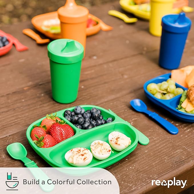 Re-Play Toddler Plates with Dividers - Deep-Walled 3 Compartments Divided Plates for Kids with 3 Lids - Dishwasher & Microwave Safe - Made in USA - Set of 3-7.37" x 7.37" x 1.25" - Monochrome