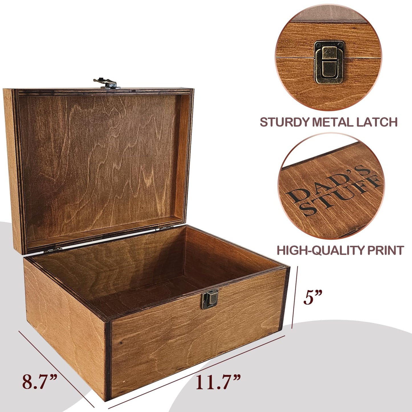 BeeGreeny Dad Gifts, Wooden Dad's Stuff Storage Box, Large Rustic Wooden Keepsake Box 11.6" x 8.7" x 5", Engraved Memory Wood Box, Birthday, Father's Day Gift for Dad, Father, Daddy