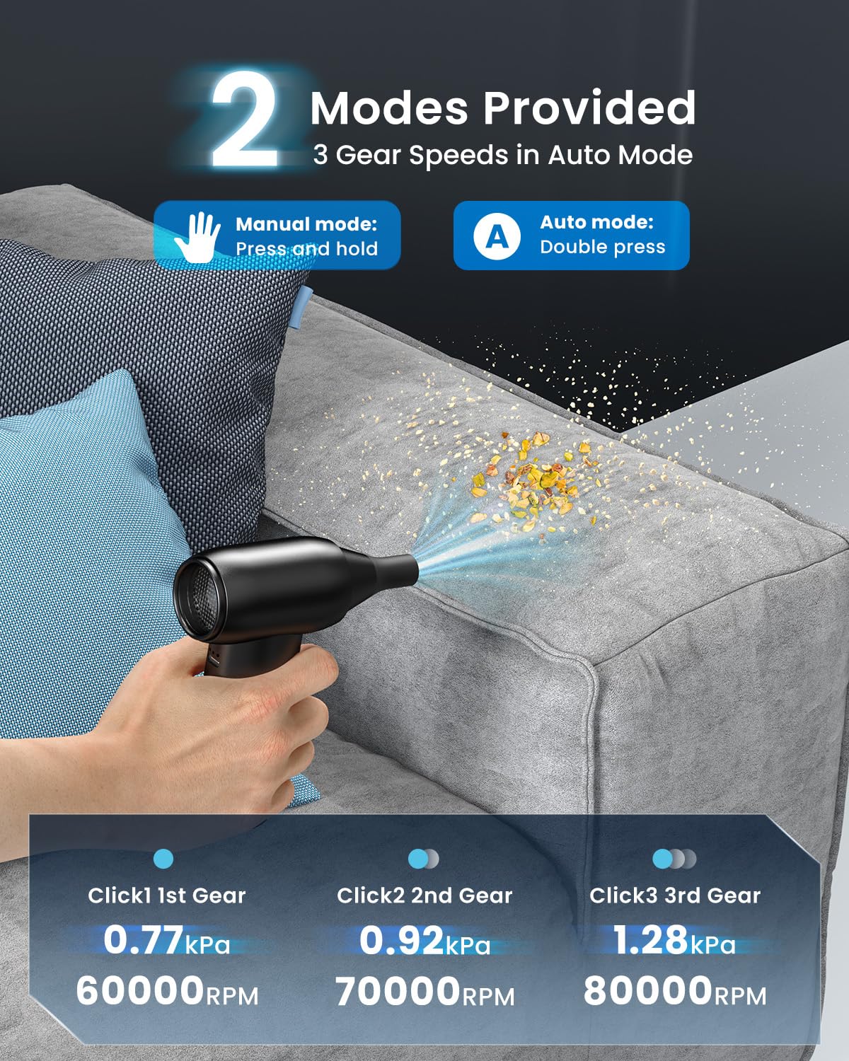 iDOO Compressed Air Duster, Cordless Electric Canned Duster, Portable Vacuum, 3 Gear Mini Portable Jet Dry Air Blower, for Gaming Pc, Keyboard, Car Cleaning, Outdoors-Dust Blowing & Vacuuming(Black)