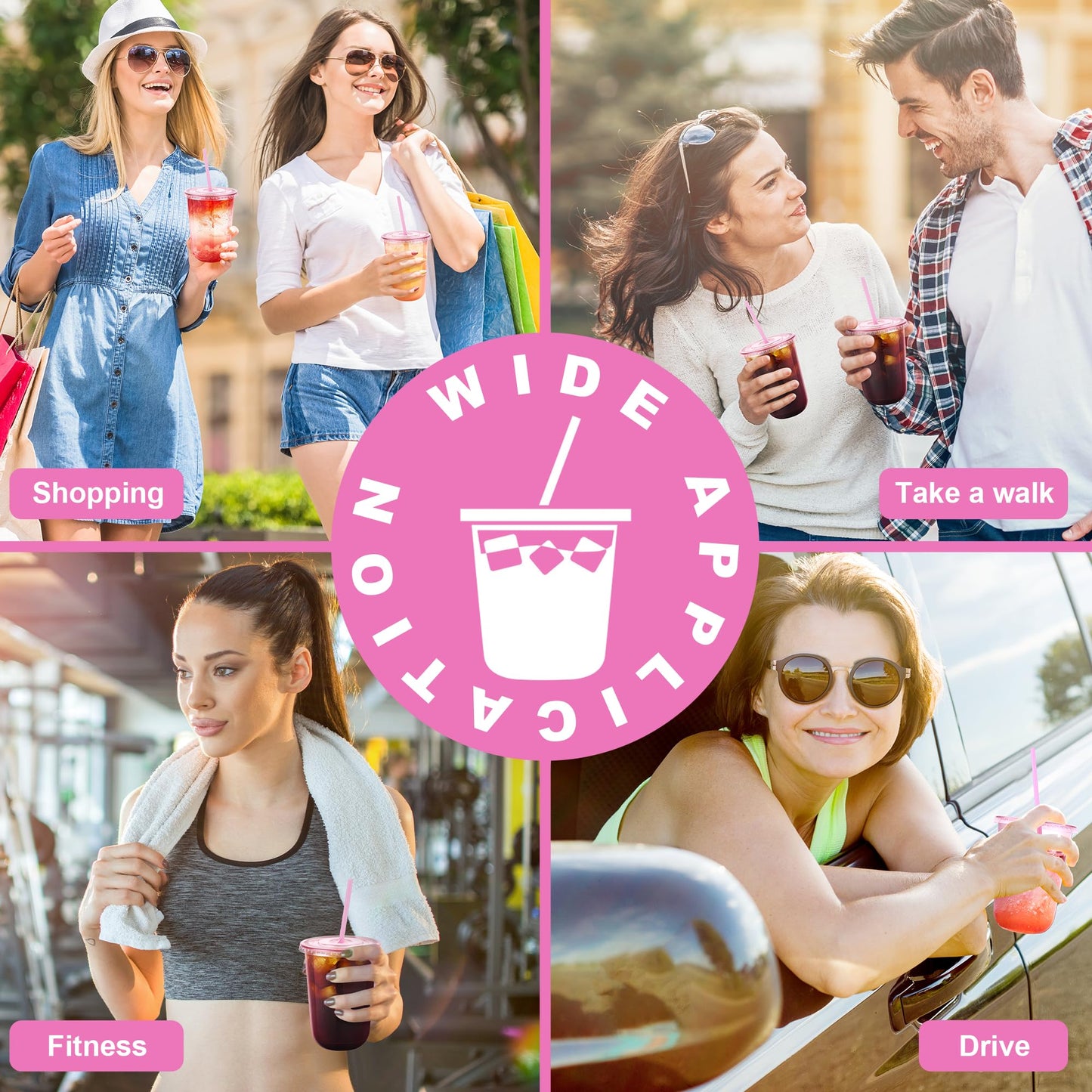 KesaPlan 50 Pack 16 oz Pink Plastic Party Cups with Lids and Straws, Disposable Iced Coffee Cup with Lids, Round Bottom Drinking Cups for Birthday Wedding Valentine's Galentine's Bachelorette Party